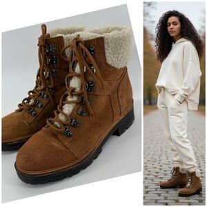 Marc Fisher Boots Isabel Leather Lug Sole Lace Up Brown Suede Shearling Cuff 7.5
